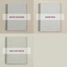 three cover versions of wedding planners - white feathers, white rice and soft off white fabric, tri različice platnic poročnih planerjev v beli barvi